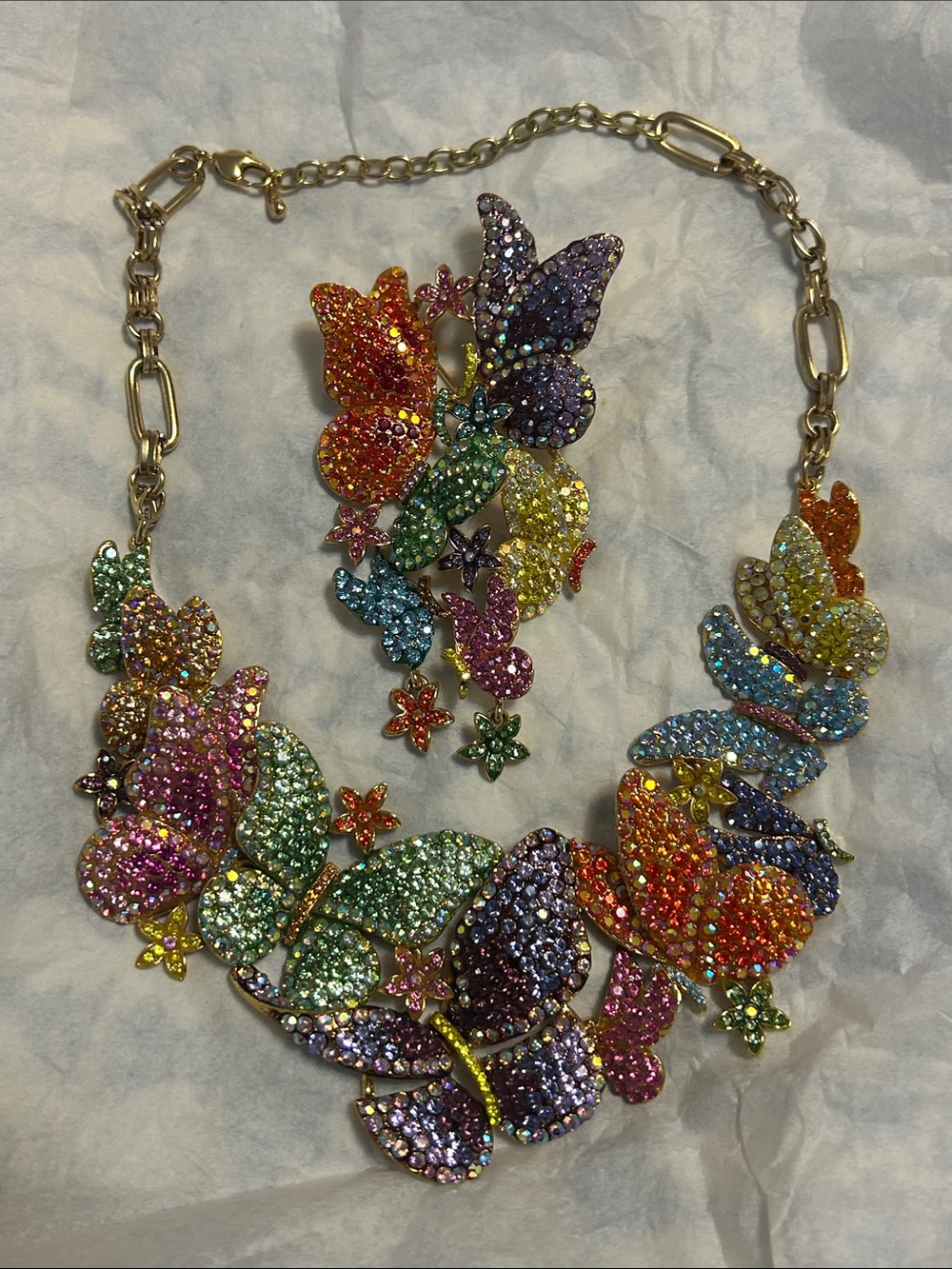 Multicolorful Vibrant Matching Crystal Butterfly Statement Necklace and Pin Set